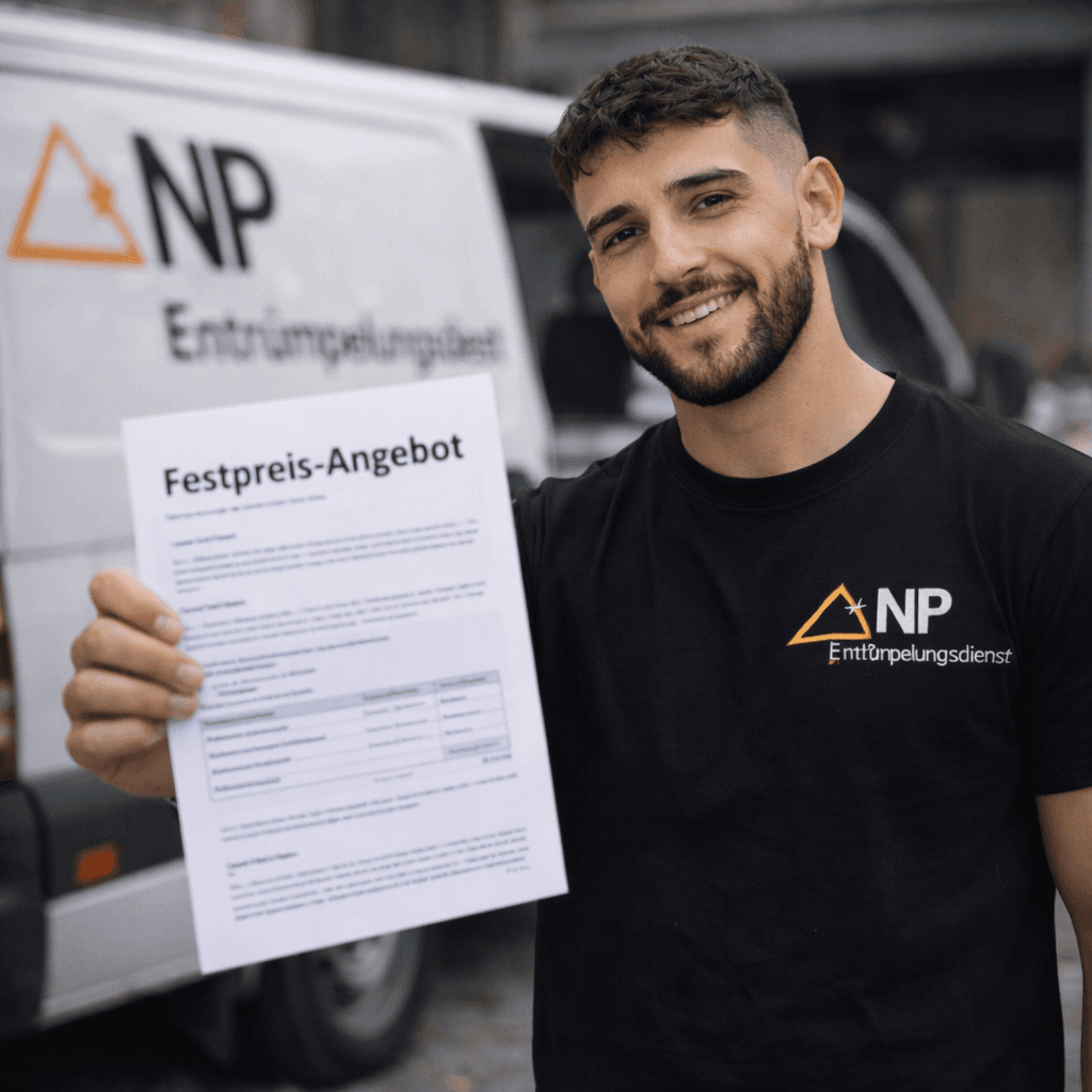Nico Pfeifer übergibt ein schriftliches Festpreis-Angebot vor dem Firmenfahrzeug